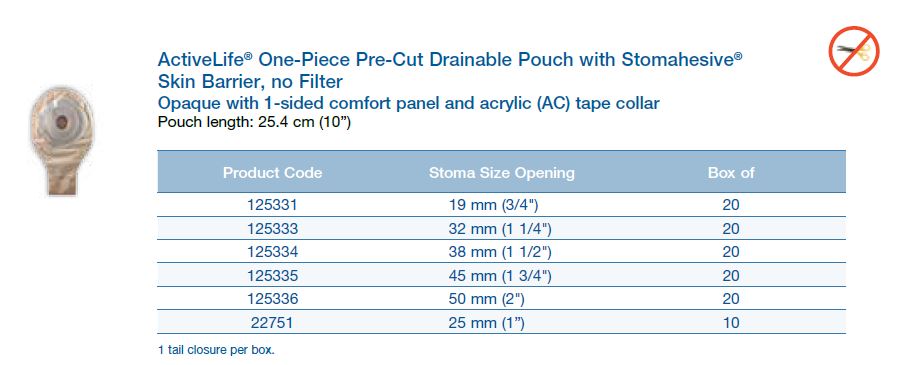 ActiveLife®: One-Piece Pre-Cut Drainable Pouch with Stomahesive® Flat Skin Barrier, Without Filter, Regular Wear, 10", 20/bx (4573974724721)