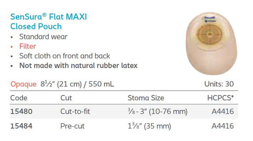 SenSura®: Flat 1-Piece MAXI Closed Pouch, Filter, Standard Wear, 30/bx (4565518221425)