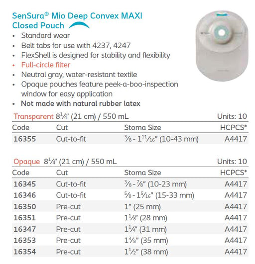 SenSura® Mio: Deep Convex 1-Piece MAXI Closed Pouch, Filter, Standard Wear, 10/bx (4564874788977)