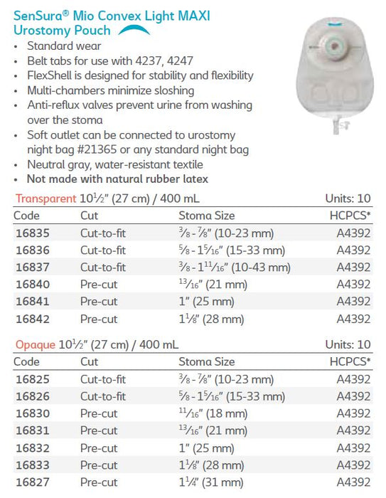 SenSura® Mio: Convex Light 1-Piece MAXI Urostomy Pouch, Standard Wear, 10/bx (4565447540849)