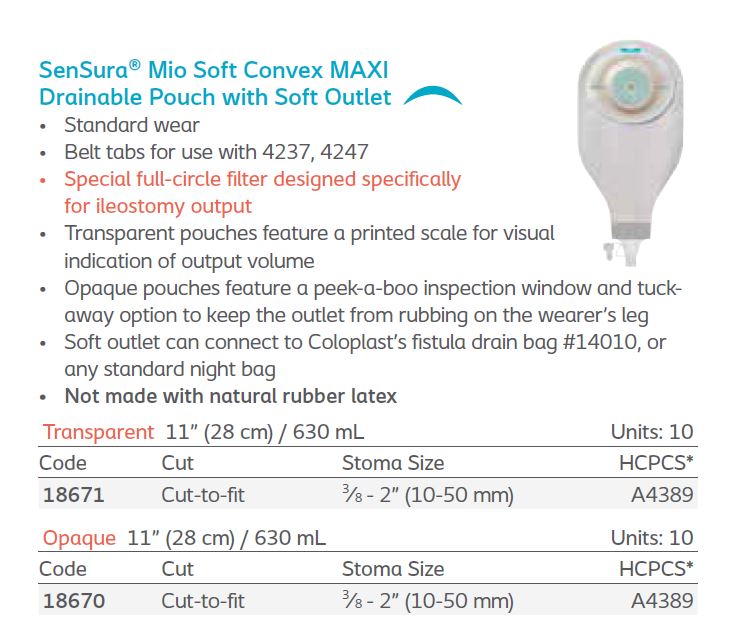 SenSura® Mio: Soft Convex MAXI 1-Piece Drainable Pouch with Soft Outlet, Filter, High Output, Standard Wear, Cut-to-fit, 10/bx (4564284506225)