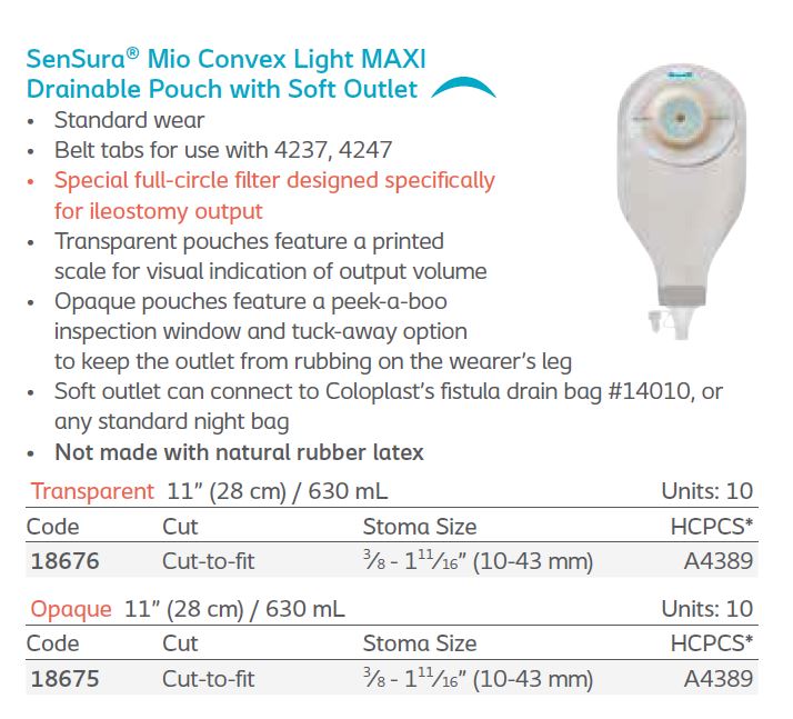 SenSura® Mio: Convex Light MAXI 1-Piece Drainable Pouch with Soft Outlet, Filter, High Output, Cut-to-fit, 10/bx (4564288209009)