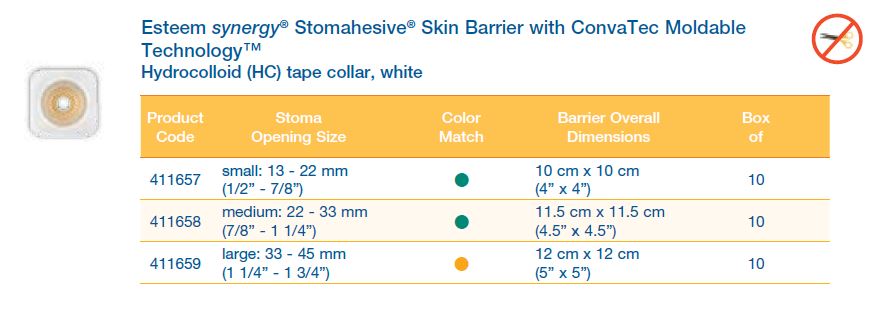Esteem synergy®: Stomahesive® Flat Skin Barrier with ConvaTec Moldable Technology™, Hydrocolloid tape collar, white, Standard Wear, 10/bx (4573259399281)