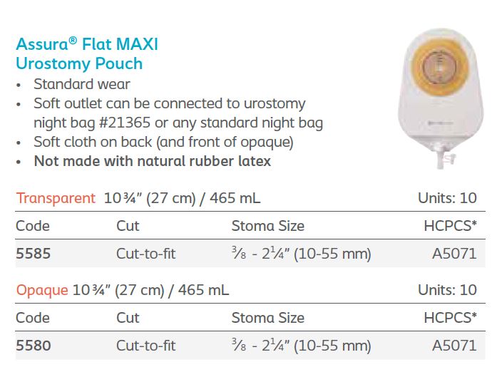 Assura®: Flat 1-Piece MAXI Urostomy Pouch, Standard Wear, 10/bx (4568709529713)