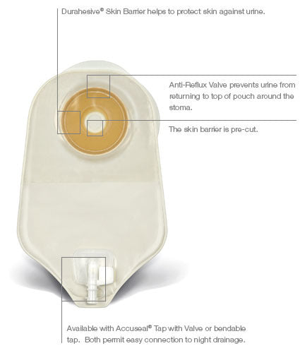 ActiveLife®: One-Piece Pre-Cut Urostomy Pouch with Durahesive® Flat Skin Barrier and Accuseal® Tap with Valve, Extended Wear, 8", 10/bx (4576444743793)