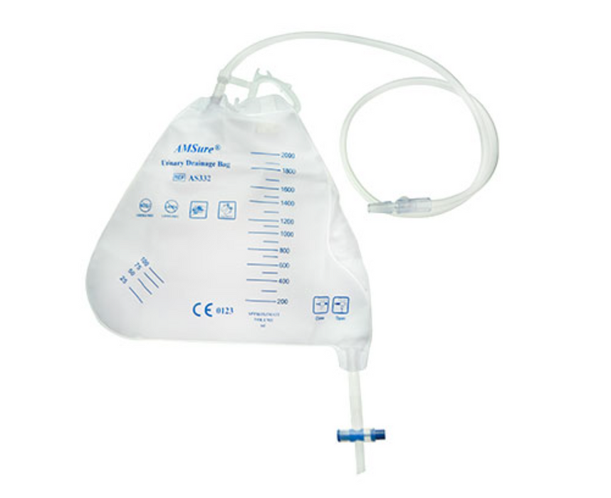 AMSure Night Drainage Bag, 2000ml, Anti-Reflux Chamber, Pre-Pierced Needle-Free Sampling Port (Luer Slip or BLunt Cannula Compatible), Single Hook and Rope Hanger, T-Tap Drain Port, Sterile Fluid Pathway, Latex Free (4519570178161)