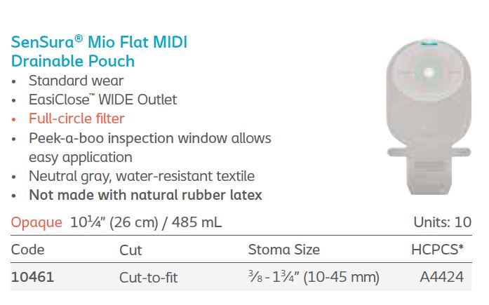 SenSura® Mio: Flat 1-piece MIDI Drainable Pouch, Filter, Standard Wear, 10/bx (4564231159921)