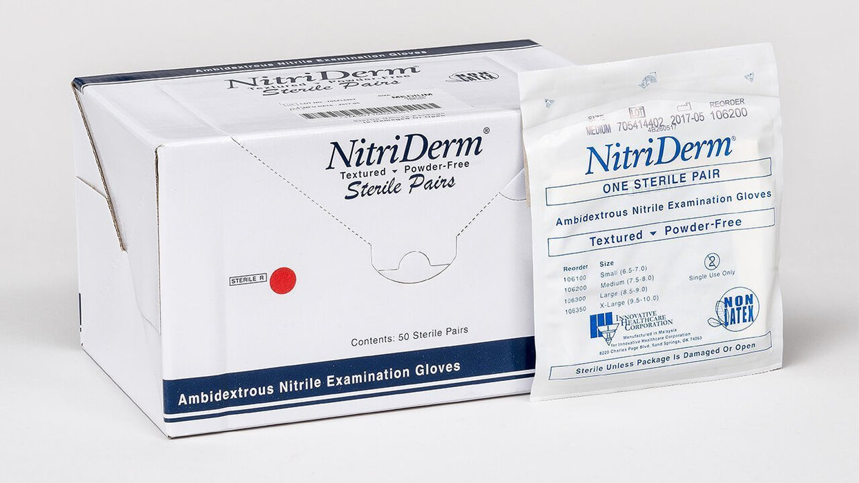 Small, Medium, Large NitriDerm® Nitrile Sterile Exam Gloves, PF – Series 106, 50 pr/bx (4447585894513)