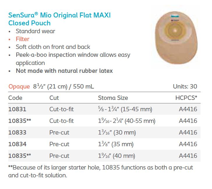 SenSura® Mio: Original Flat 1-Piece MAXI Closed Pouch, Filter, Standard Wear, 30/bx (4564889960561)