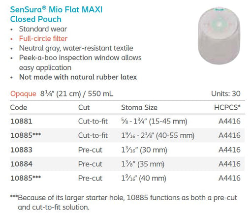 SenSura® Mio: Flat 1-Piece MAXI Closed Pouch, Filter, Standard Wear, 30/bx (4564836909169)