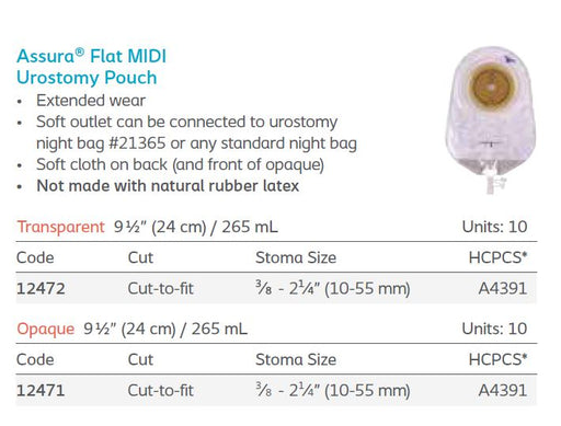 Assura®: Flat 1-Piece MIDI Urostomy Pouch, Extended Wear, 10/bx (4568711397489)