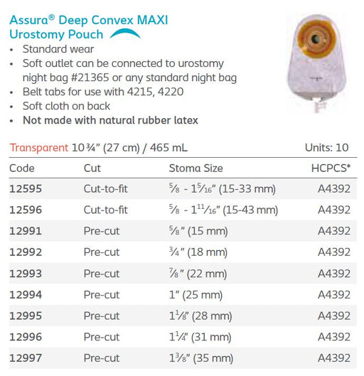 Assura®: Deep Convex 1-Piece MAXI Urostomy Pouch, Standard Wear, 10/bx (4568713756785)