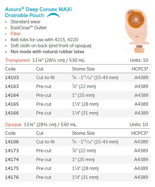 Assura®: Deep Convex 1-Piece MAXI Drainable Pouch, Filter, Standard Wear, 10/bx (4565588312177)