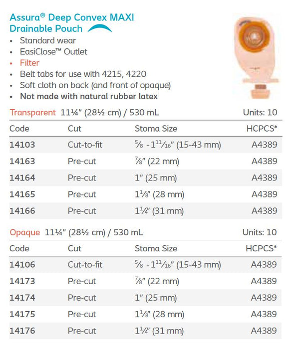 Assura®: Deep Convex 1-Piece MAXI Drainable Pouch, Filter, Standard Wear, 10/bx (4565588312177)