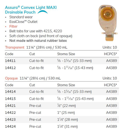 Assura®: Convex Light 1-Piece MAXI Drainable Pouch, Filter, Standard Wear, 10/bx (4565585330289)