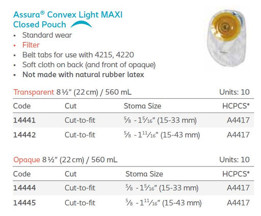 Assura®: Convex Light 1-Piece MAXI Closed Pouch, Filter, Standard Wear, 10/bx (4568703369329)