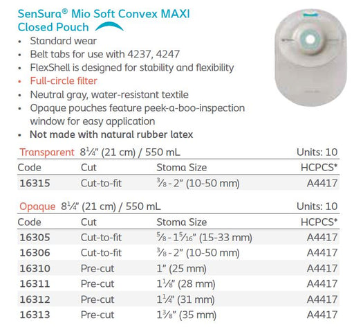 SenSura® Mio: Soft Convex 1-Piece MAXI Closed Pouch, Filter, Standard Wear, 10/bx (4564856635505)