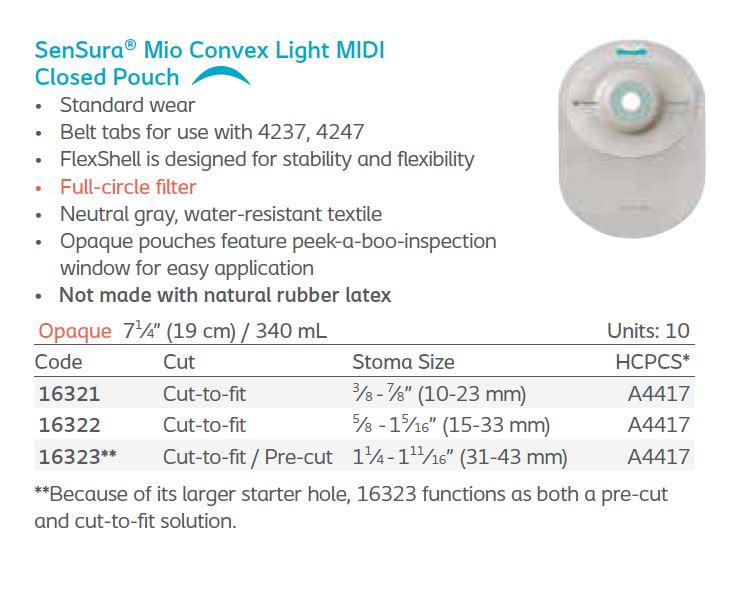 SenSura® Mio: Convex Light 1-Piece MIDI Closed Pouch, Filter, Standard Wear, 10/bx (4564872560753)