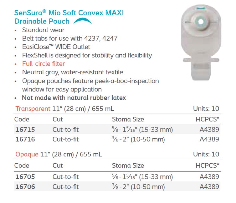 SenSura® Mio: Soft Convex 1-Piece MAXI Drainable Pouch, Filter, Standard Wear, 10/bx (4564240597105)