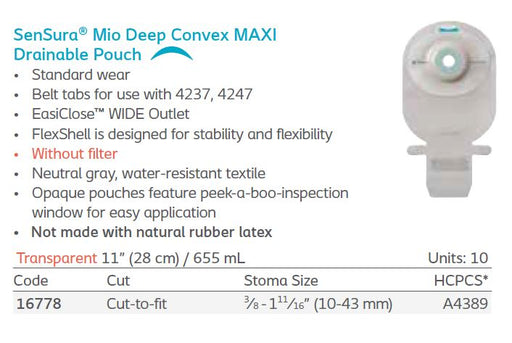 SenSura® Mio: Deep Convex 1-Piece MAXI Drainable Pouch, Without Filter, Standard Wear, 10/bx (4564251377777)