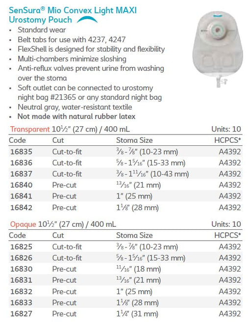 SenSura® Mio: Convex Light 1-Piece MAXI Urostomy Pouch, Standard Wear, 10/bx (4565447540849)