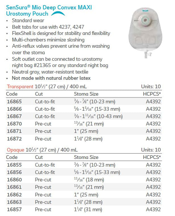 SenSura® Mio: Deep Convex 1-Piece MAXI Urostomy Pouch, Standard Wear, 10/bx (4565461336177)