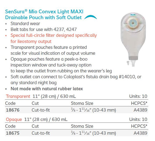SenSura® Mio: Convex Light MAXI 1-Piece Drainable Pouch with Soft Outlet, Filter, High Output, Cut-to-fit, 10/bx (4564288209009)