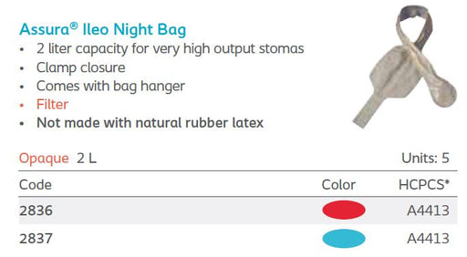 Assura®: High Output Drainable System, Ileo Night Bag, Filter, Clamp Closure 5/bx (4561944019057)