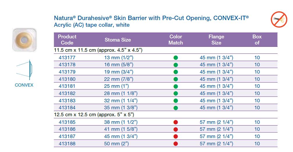 Natura® Durahesive®: Skin Barrier with Pre-Cut Opening, CONVEX-IT®, Acrylic (AC) tape collar, white, Extended Wear, 10/bx (4572228780145)