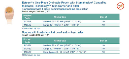Esteem®+: One-Piece Drainable Pouch with Stomahesive® ConvaTec Moldable Technology™ Flat Skin Barrier and Filter, Standard Wear, 12", 10/bx (4573285056625)