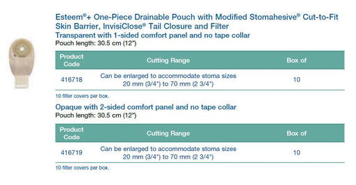 Esteem®+: One-Piece Drainable Pouch with Modified Stomahesive® Cut-to-Fit Flat Skin Barrier, InvisiClose® Tail Closure and Filter, Standard Wear, 12", 10/bx (4573322248305)