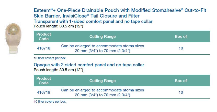 Esteem®+: One-Piece Drainable Pouch with Modified Stomahesive® Cut-to-Fit Flat Skin Barrier, InvisiClose® Tail Closure and Filter, Standard Wear, 12", 10/bx (4573322248305)