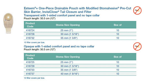 Esteem®+: One-Piece Drainable Pouch with Modified Stomahesive® Pre-Cut Flat Skin Barrier, InvisiClose® Tail Closure and Filter, Standard Wear, 12", 10/bx (4573337026673)