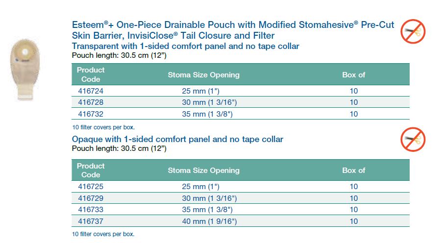 Esteem®+: One-Piece Drainable Pouch with Modified Stomahesive® Pre-Cut Flat Skin Barrier, InvisiClose® Tail Closure and Filter, Standard Wear, 12", 10/bx (4573337026673)