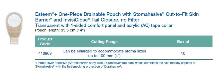 Esteem®+: One-Piece Drainable Pouch with Stomahesive® Cut-to-Fit Flat Skin Barrier* and InvisiClose® Tail Closure, Without Filter, Standard Wear, Transparent, 14", 10/bx (4573325328497)