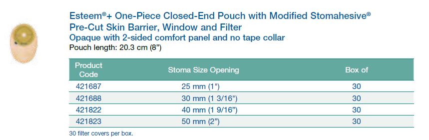 Esteem®+: One-Piece Closed-End Pouch with Modified Stomahesive® Pre-Cut Flat Skin Barrier, Window and Filter, Standard Wear, 8", 30/bx (4573350363249)