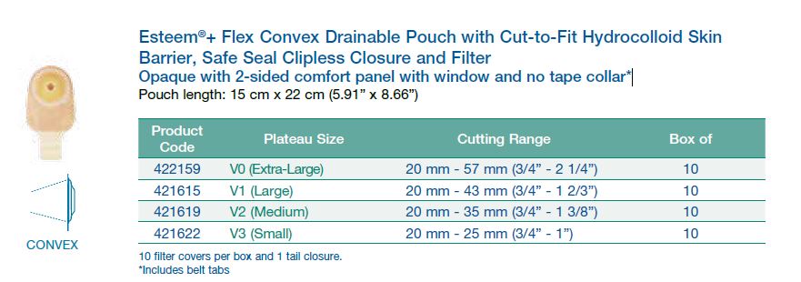 Esteem®+ Flex Convex: Drainable Pouch with Cut-to-Fit Hydrocolloid Flat Skin Barrier, Safe Seal Clipless Closure and Filter, Standard Wear, 10/bx (4573357080689)
