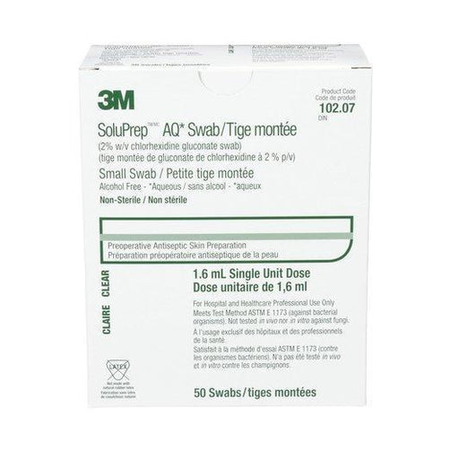 3M™ SoluPrep™ (AQ) Swab (2% w/v chlorhexidine gluconate swab), Alcohol-free - Aqueous, Non-sterile, Clear, 50/bx (4447578325105)